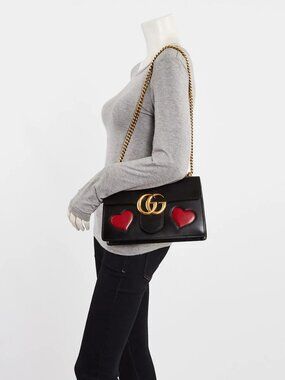 Gucci Black Smooth Leather GG Marmont Heart Shoulder Bag